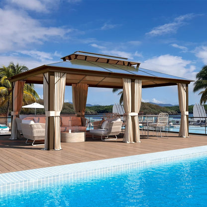 Gazebo rigide EROMMY, pergola d'extérieur avec double toit, moustiquaire et rideaux, auvent robuste pour terrasse, jardin, fête au bord de la piscine
