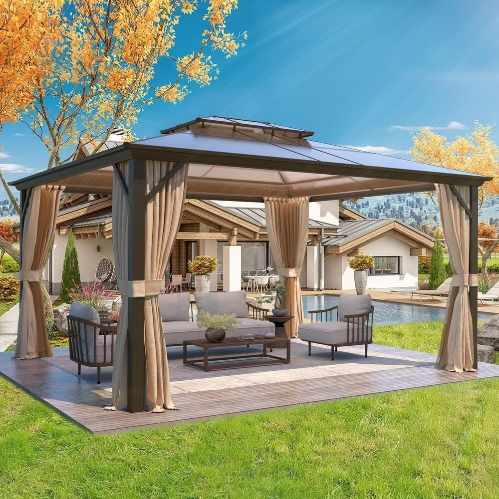 Gazebo rigide EROMMY, pergola d'extérieur avec double toit, moustiquaire et rideaux, auvent robuste pour terrasse, jardin, fête au bord de la piscine