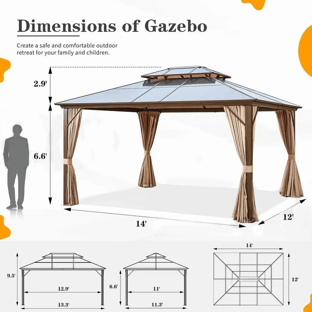 Gazebo rigide EROMMY, pergola d'extérieur avec double toit, moustiquaire et rideaux, auvent robuste pour terrasse, jardin, fête au bord de la piscine