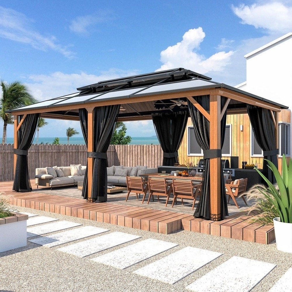 Gazebo rigide EROMMY, pergola d'extérieur avec double toit, moustiquaire et rideaux, auvent robuste pour terrasse, jardin, fête au bord de la piscine