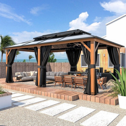 Gazebo rigide EROMMY, pergola d'extérieur avec double toit, moustiquaire et rideaux, auvent robuste pour terrasse, jardin, fête au bord de la piscine