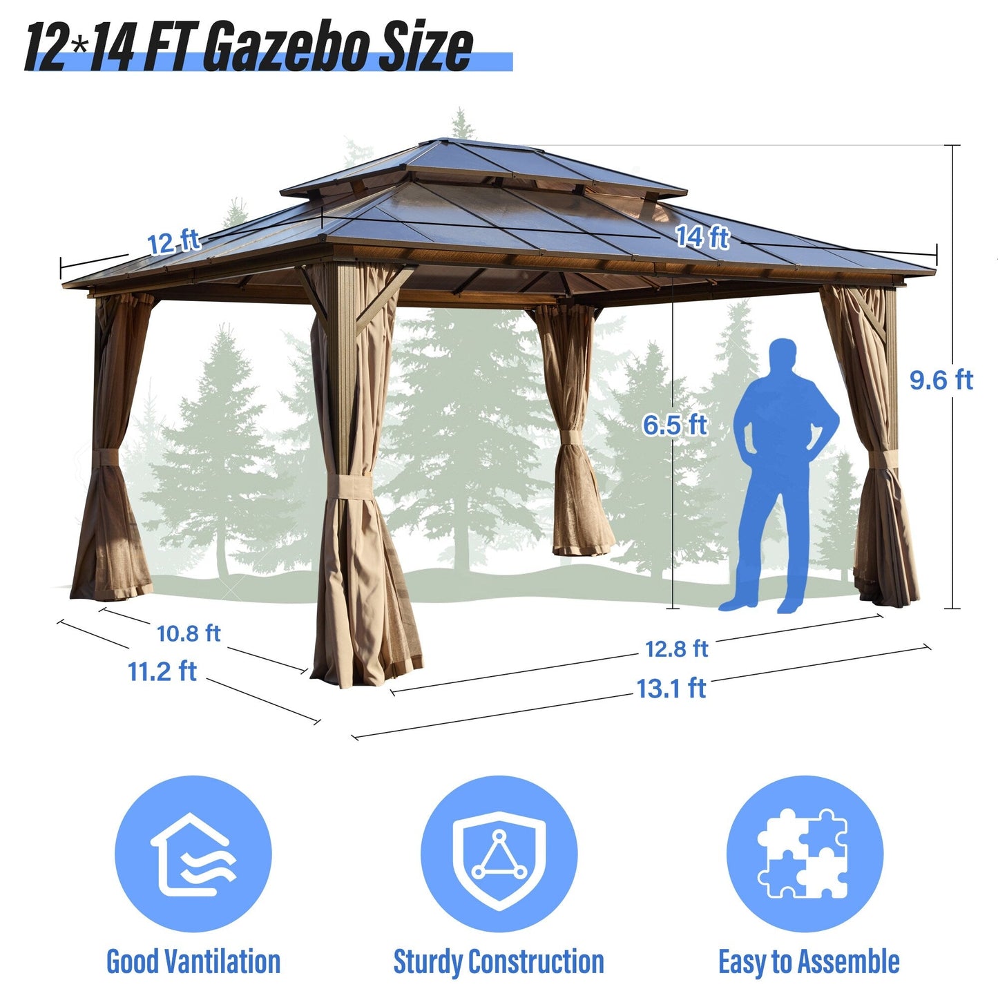 Gazebo rigide EROMMY, pergola d'extérieur avec double toit, moustiquaire et rideaux, auvent robuste pour terrasse, jardin, fête au bord de la piscine