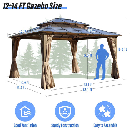 Gazebo rigide EROMMY, pergola d'extérieur avec double toit, moustiquaire et rideaux, auvent robuste pour terrasse, jardin, fête au bord de la piscine