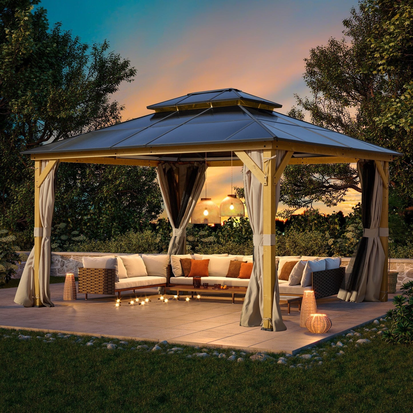 Gazebo rigide EROMMY, pergola d'extérieur avec double toit, moustiquaire et rideaux, auvent robuste pour terrasse, jardin, fête au bord de la piscine