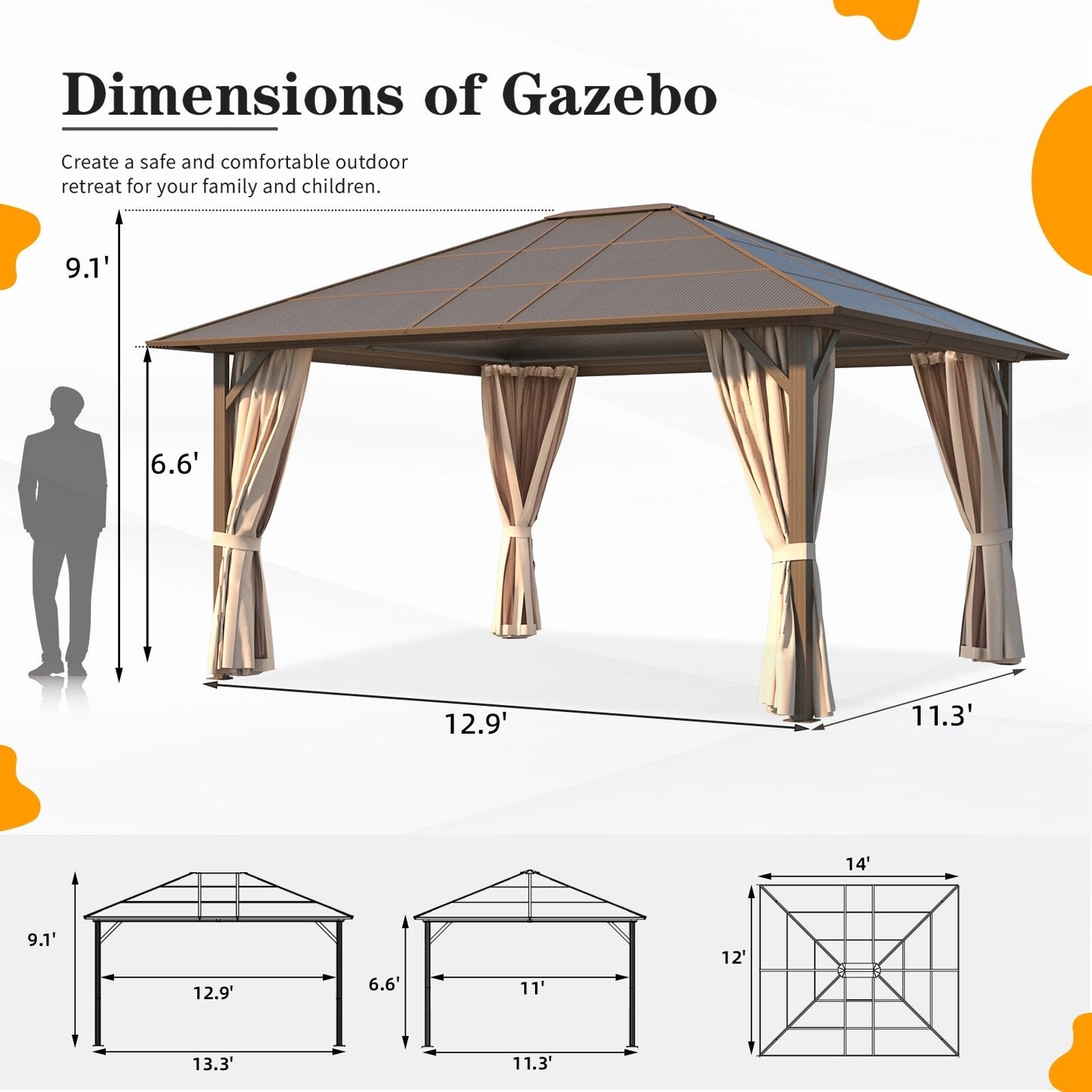 Gazebo rigide EROMMY, pergola d'extérieur avec double toit, moustiquaire et rideaux, auvent robuste pour terrasse, jardin, fête au bord de la piscine