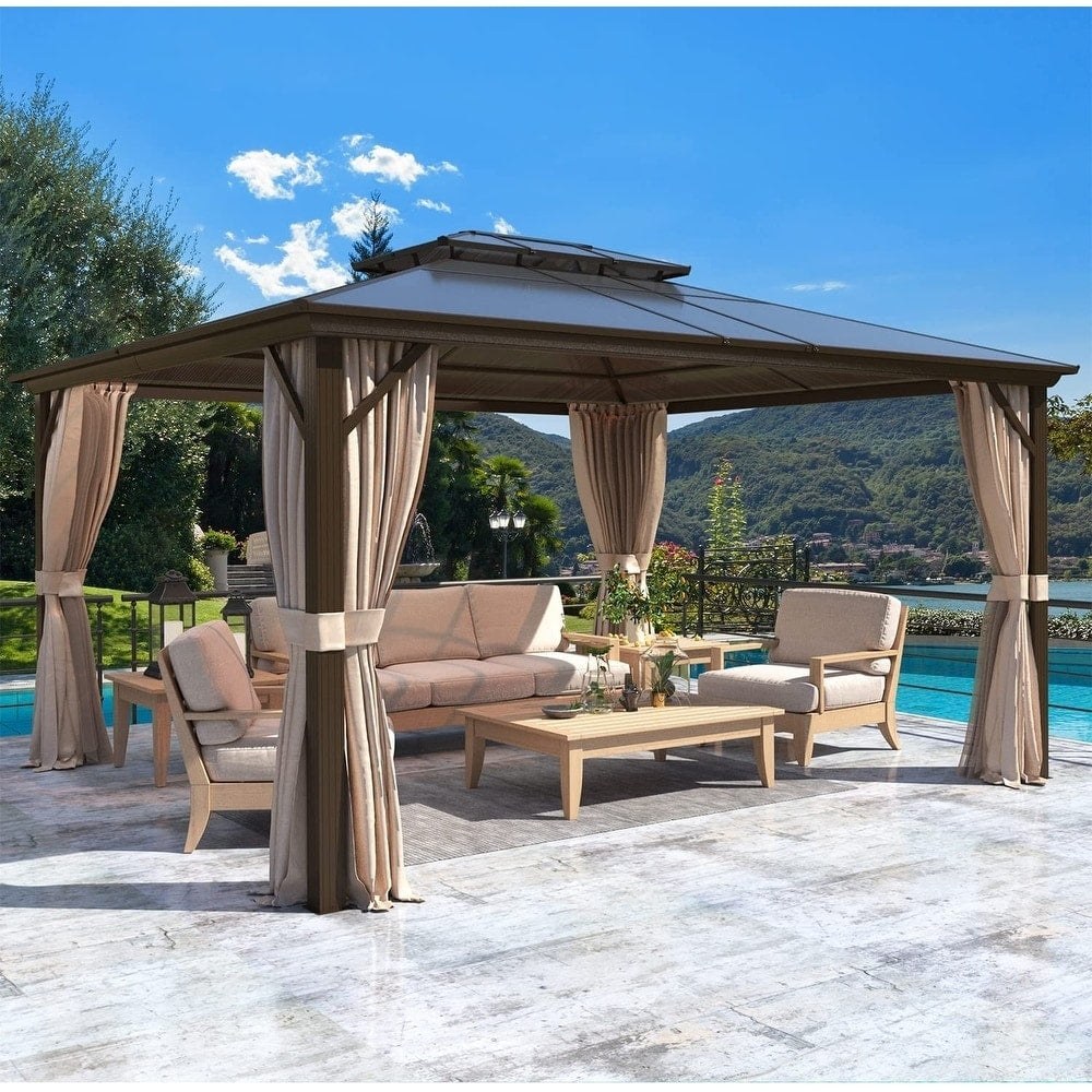 Gazebo rigide EROMMY, pergola d'extérieur avec double toit, moustiquaire et rideaux, auvent robuste pour terrasse, jardin, fête au bord de la piscine