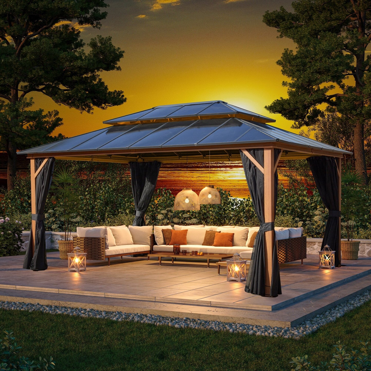 Gazebo rigide EROMMY, pergola d'extérieur avec double toit, moustiquaire et rideaux, auvent robuste pour terrasse, jardin, fête au bord de la piscine