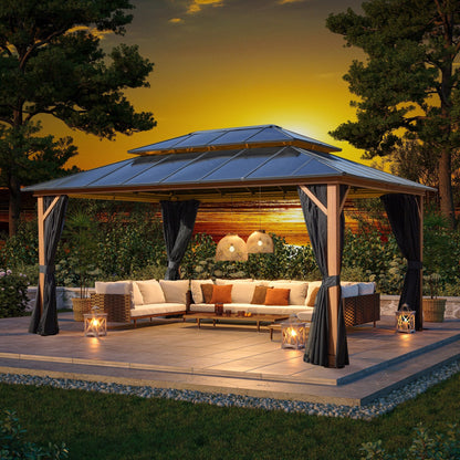 Gazebo rigide EROMMY, pergola d'extérieur avec double toit, moustiquaire et rideaux, auvent robuste pour terrasse, jardin, fête au bord de la piscine