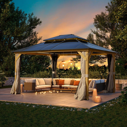 Gazebo rigide EROMMY, pergola d'extérieur avec double toit, moustiquaire et rideaux, auvent robuste pour terrasse, jardin, fête au bord de la piscine
