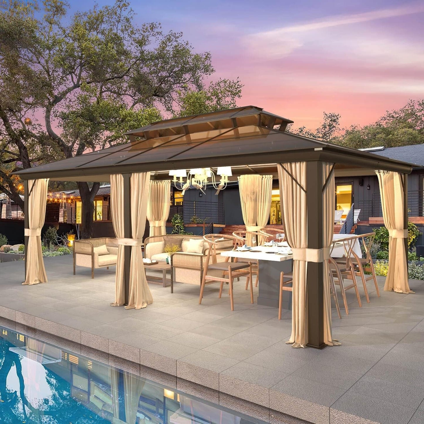 Gazebo rigide EROMMY, pergola d'extérieur avec double toit, moustiquaire et rideaux, auvent robuste pour terrasse, jardin, fête au bord de la piscine