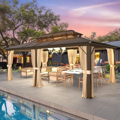 Gazebo rigide EROMMY, pergola d'extérieur avec double toit, moustiquaire et rideaux, auvent robuste pour terrasse, jardin, fête au bord de la piscine