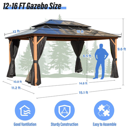 Gazebo rigide EROMMY, pergola d'extérieur avec double toit, moustiquaire et rideaux, auvent robuste pour terrasse, jardin, fête au bord de la piscine
