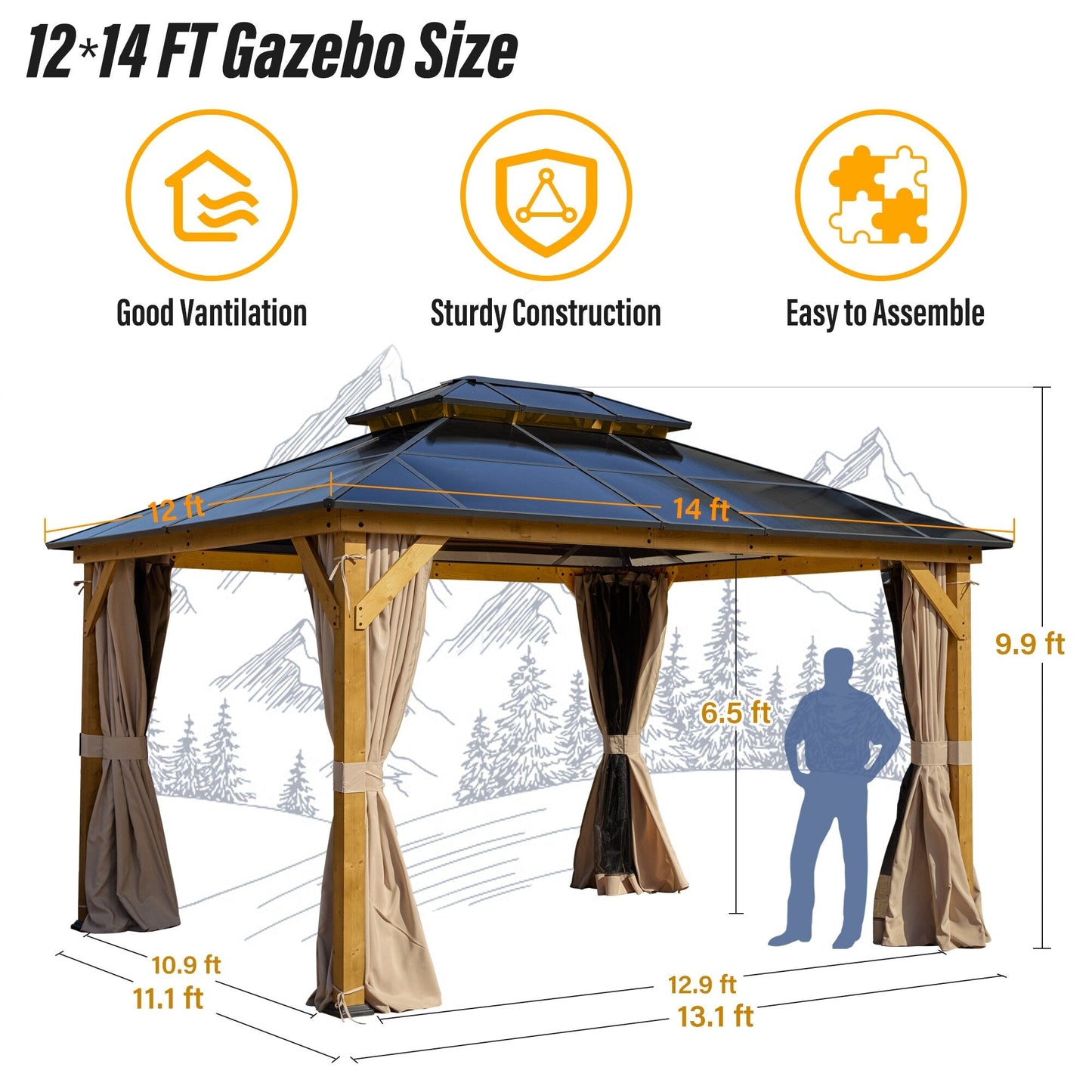 Gazebo rigide EROMMY, pergola d'extérieur avec double toit, moustiquaire et rideaux, auvent robuste pour terrasse, jardin, fête au bord de la piscine