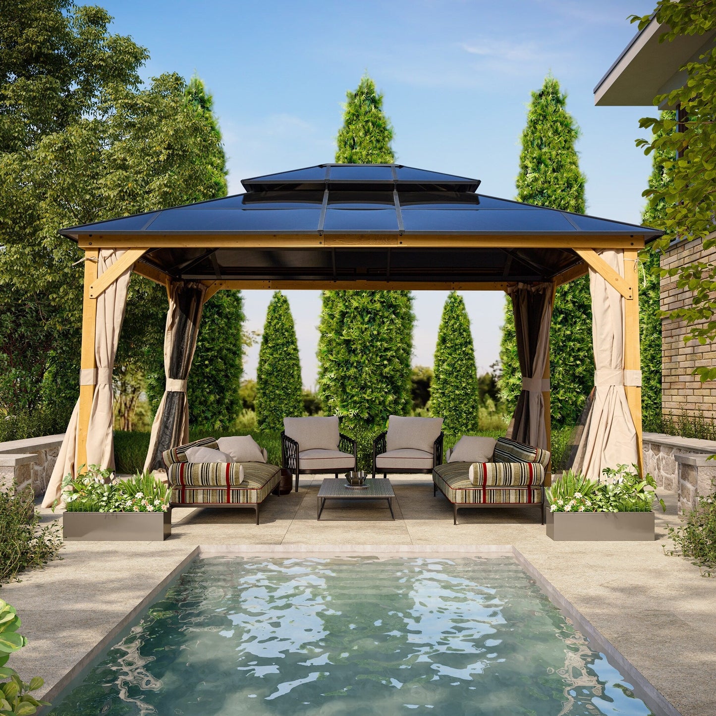 Gazebo rigide EROMMY, pergola d'extérieur avec double toit, moustiquaire et rideaux, auvent robuste pour terrasse, jardin, fête au bord de la piscine