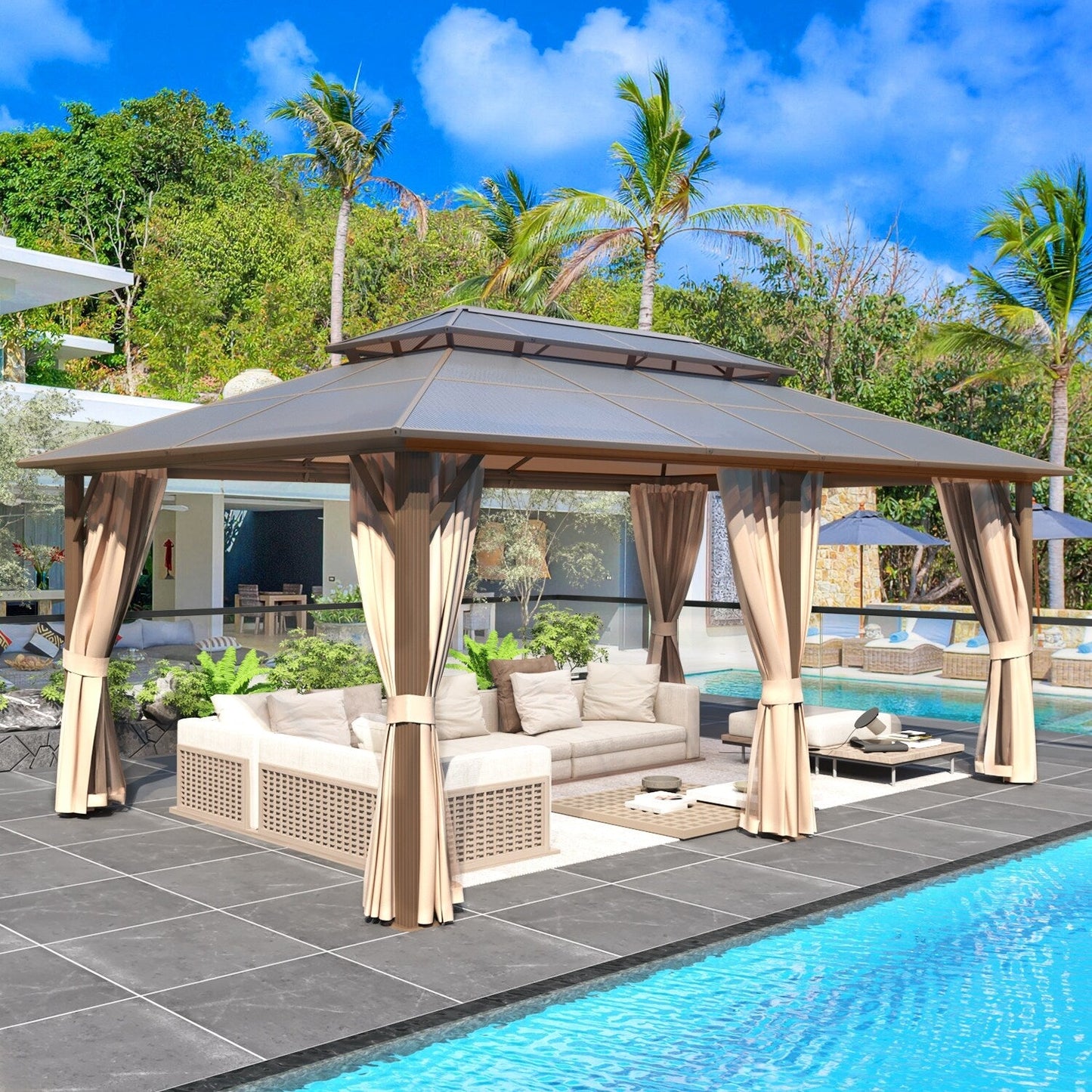 Gazebo rigide EROMMY, pergola d'extérieur avec double toit, moustiquaire et rideaux, auvent robuste pour terrasse, jardin, fête au bord de la piscine