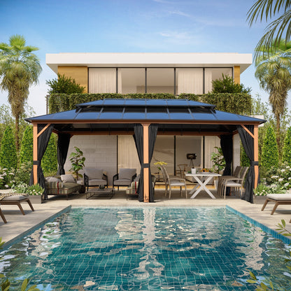 Gazebo rigide EROMMY, pergola d'extérieur avec double toit, moustiquaire et rideaux, auvent robuste pour terrasse, jardin, fête au bord de la piscine