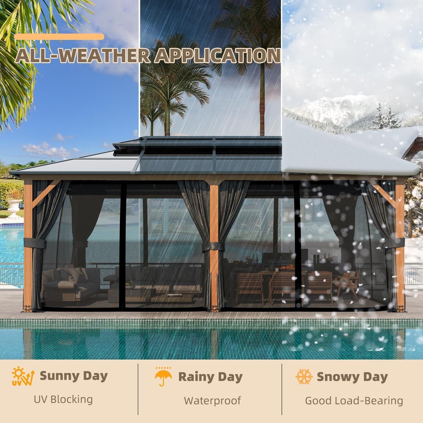 Gazebo rigide EROMMY, pergola d'extérieur avec double toit, moustiquaire et rideaux, auvent robuste pour terrasse, jardin, fête au bord de la piscine