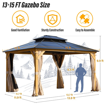 Gazebo rigide EROMMY, pergola d'extérieur avec double toit, moustiquaire et rideaux, auvent robuste pour terrasse, jardin, fête au bord de la piscine