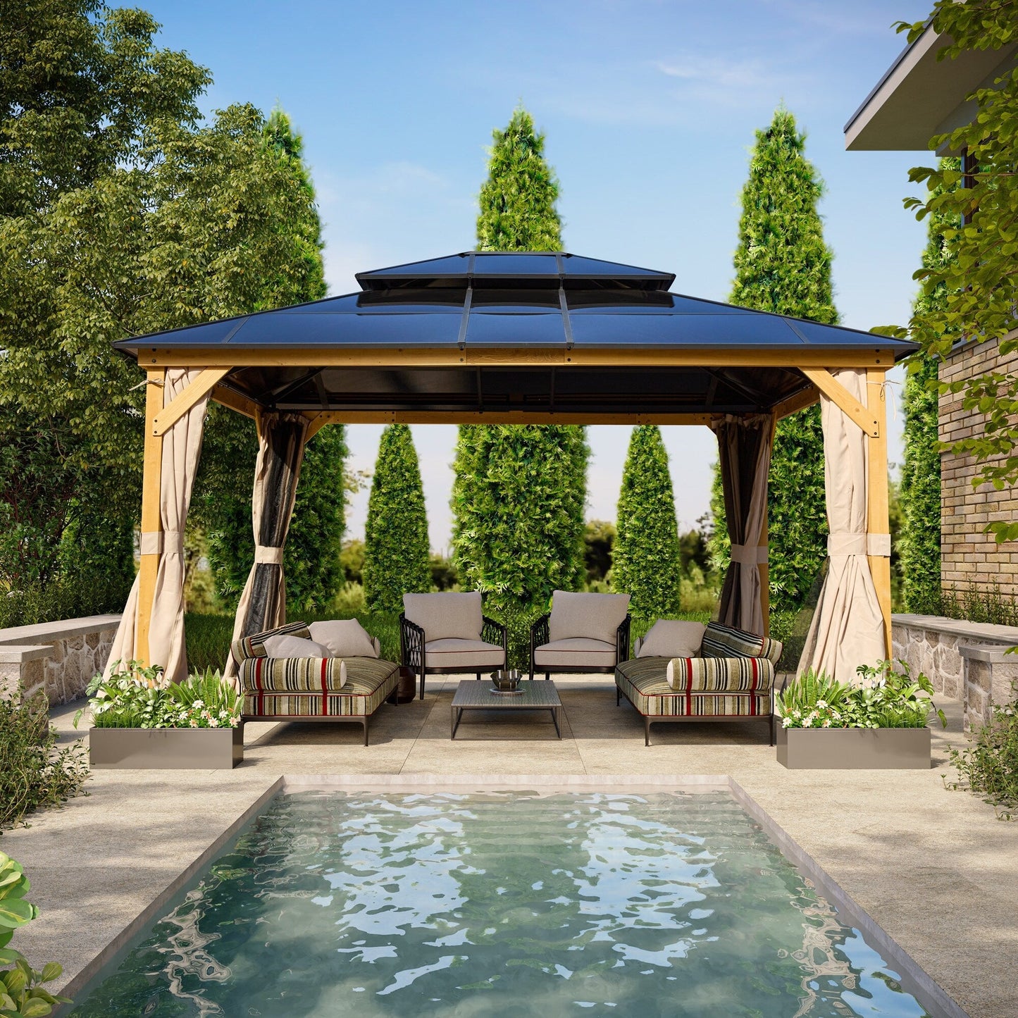 Gazebo rigide EROMMY, pergola d'extérieur avec double toit, moustiquaire et rideaux, auvent robuste pour terrasse, jardin, fête au bord de la piscine