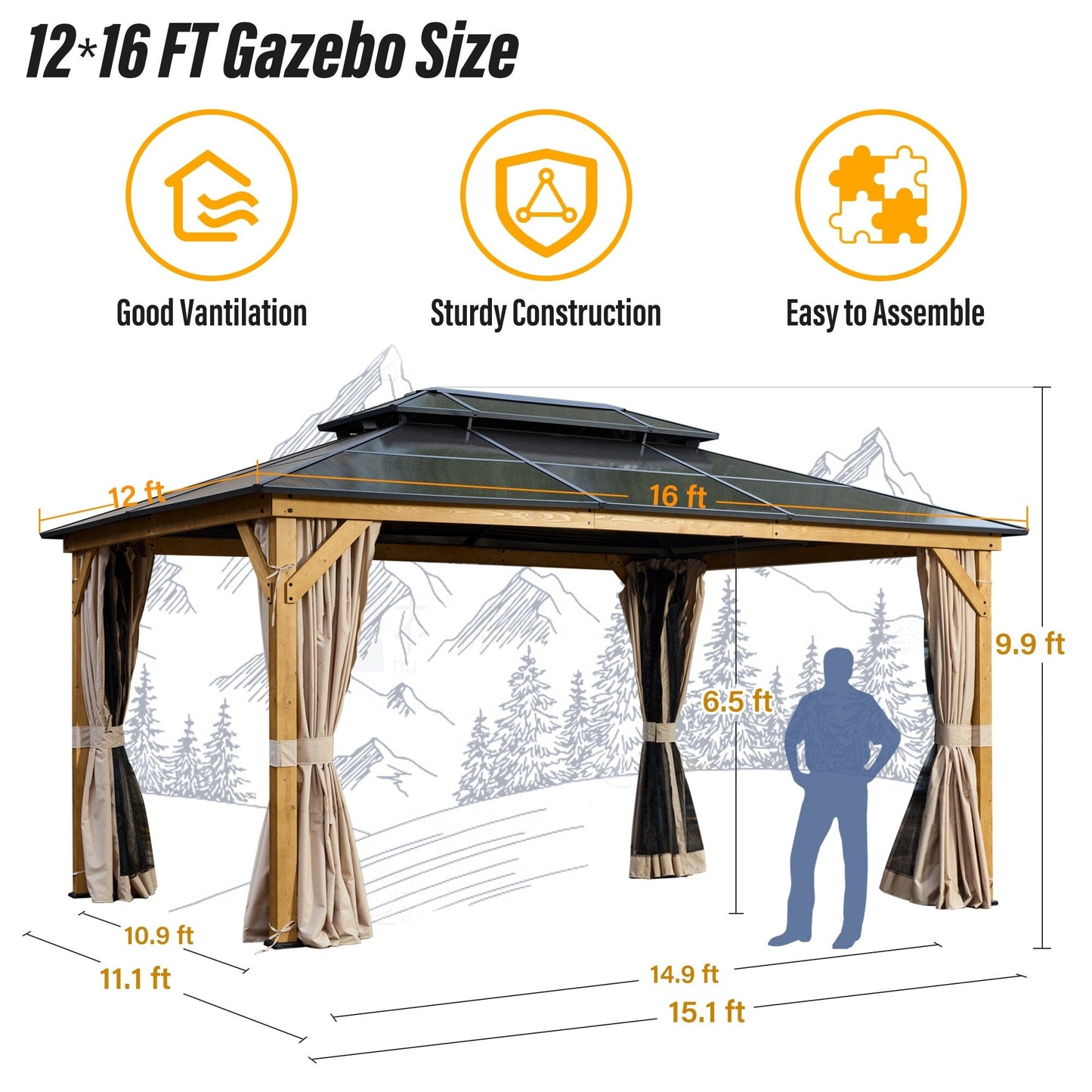 Gazebo rigide EROMMY, pergola d'extérieur avec double toit, moustiquaire et rideaux, auvent robuste pour terrasse, jardin, fête au bord de la piscine