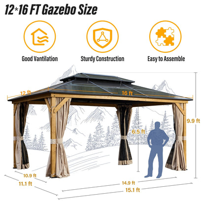 Gazebo rigide EROMMY, pergola d'extérieur avec double toit, moustiquaire et rideaux, auvent robuste pour terrasse, jardin, fête au bord de la piscine