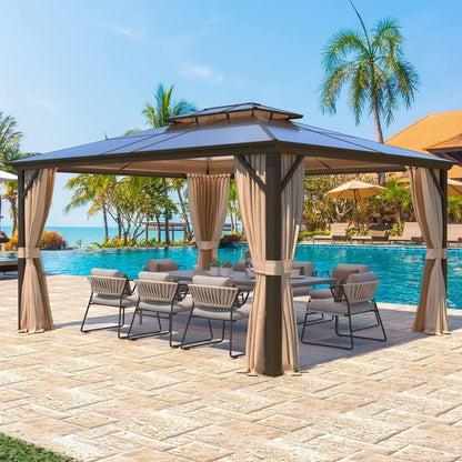 Gazebo rigide EROMMY, pergola d'extérieur avec double toit, moustiquaire et rideaux, auvent robuste pour terrasse, jardin, fête au bord de la piscine