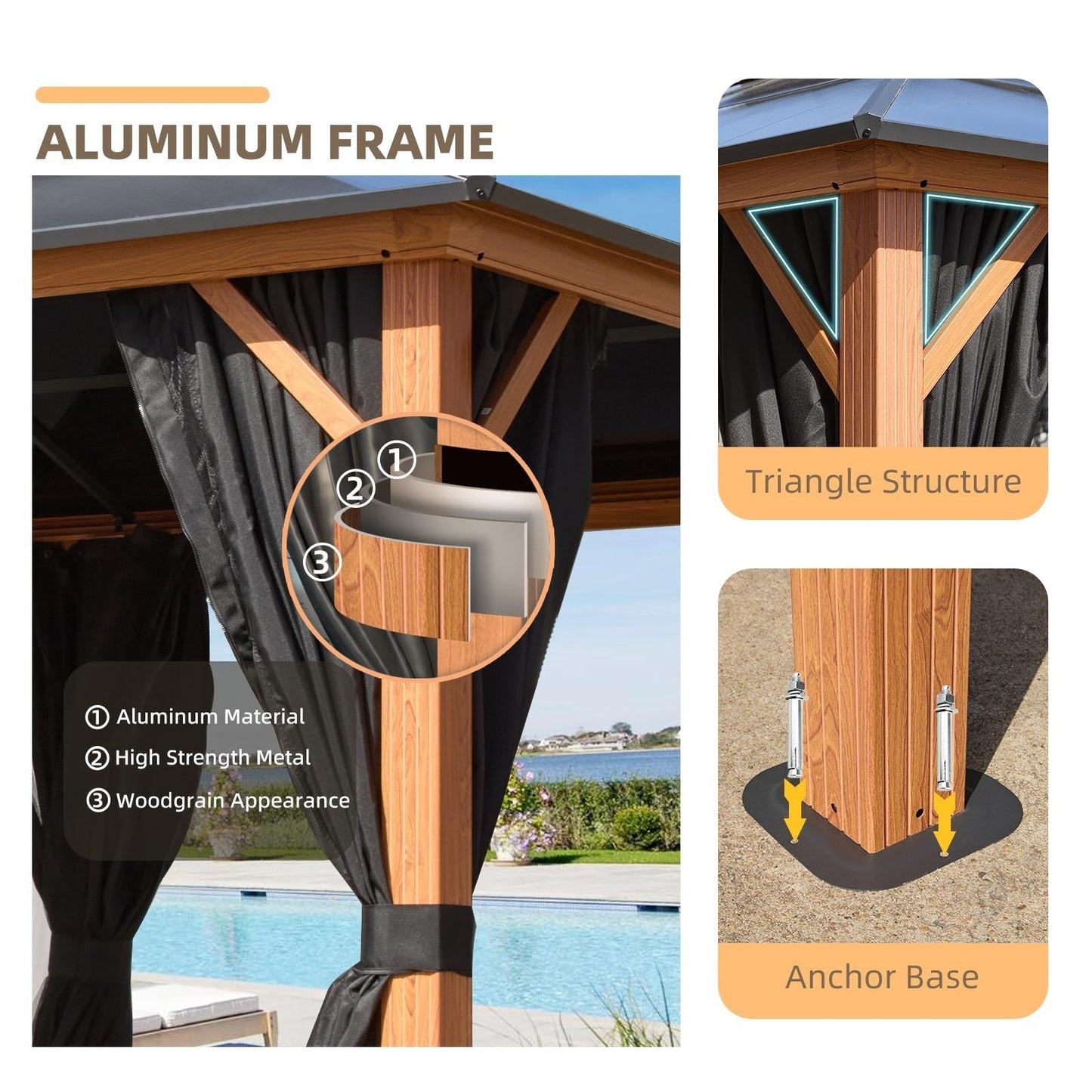 Gazebo rigide EROMMY, pergola d'extérieur avec double toit, moustiquaire et rideaux, auvent robuste pour terrasse, jardin, fête au bord de la piscine
