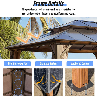 Gazebo rigide EROMMY, pergola d'extérieur avec double toit, moustiquaire et rideaux, auvent robuste pour terrasse, jardin, fête au bord de la piscine