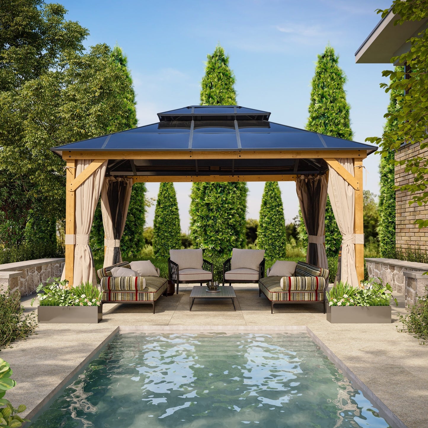 Gazebo rigide EROMMY, pergola d'extérieur avec double toit, moustiquaire et rideaux, auvent robuste pour terrasse, jardin, fête au bord de la piscine