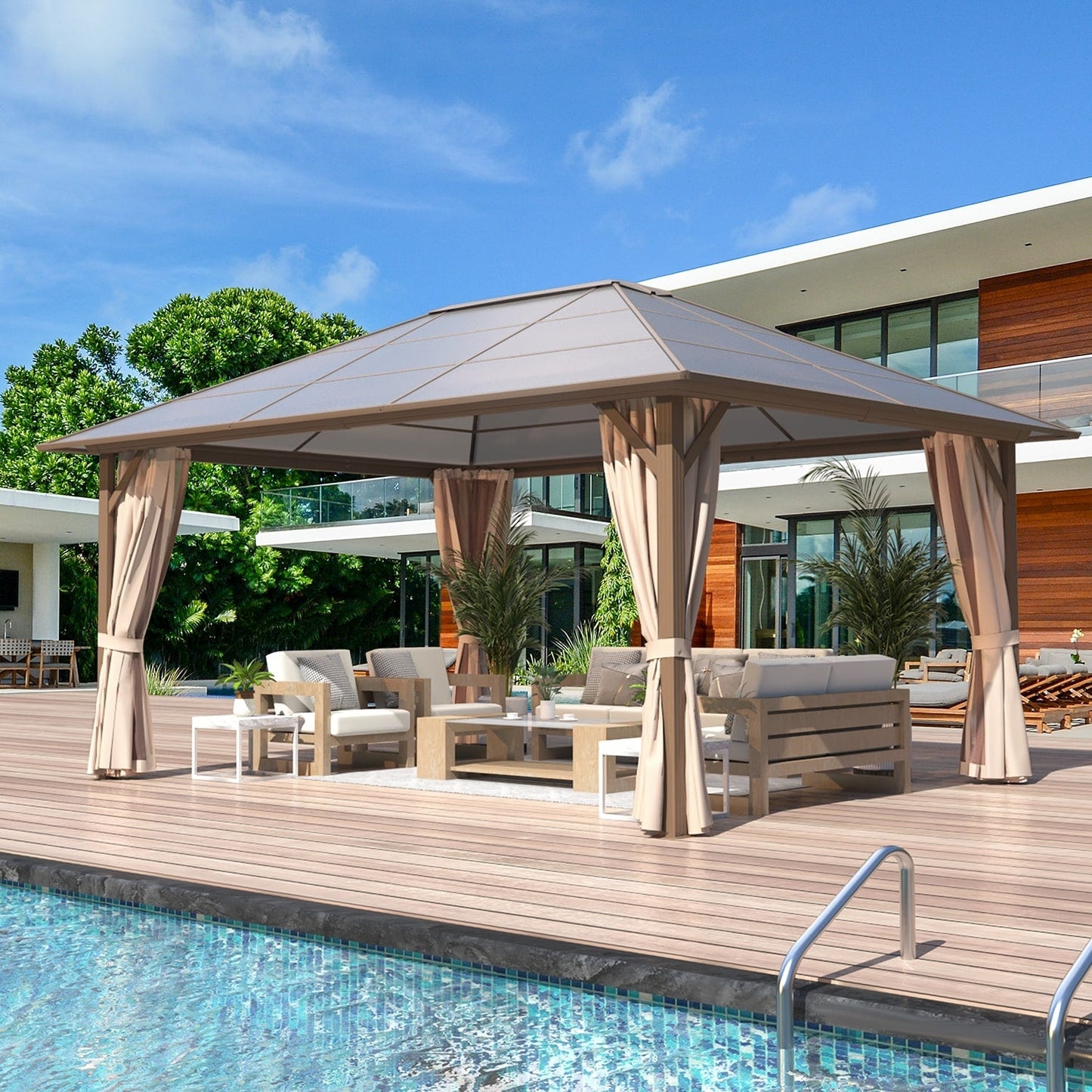 Gazebo rigide EROMMY, pergola d'extérieur avec double toit, moustiquaire et rideaux, auvent robuste pour terrasse, jardin, fête au bord de la piscine