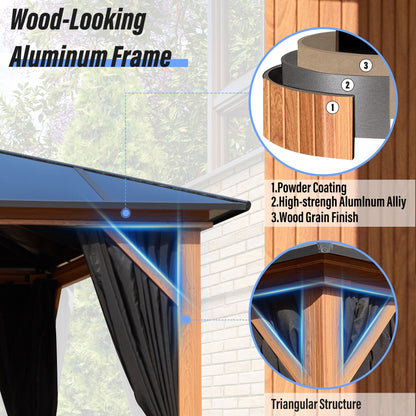 Gazebo rigide EROMMY, pergola d'extérieur avec double toit, moustiquaire et rideaux, auvent robuste pour terrasse, jardin, fête au bord de la piscine