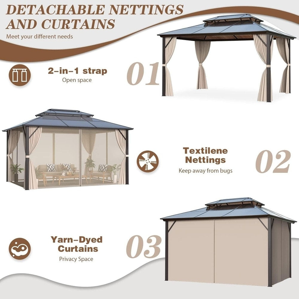 Gazebo rigide EROMMY, pergola d'extérieur avec double toit, moustiquaire et rideaux, auvent robuste pour terrasse, jardin, fête au bord de la piscine