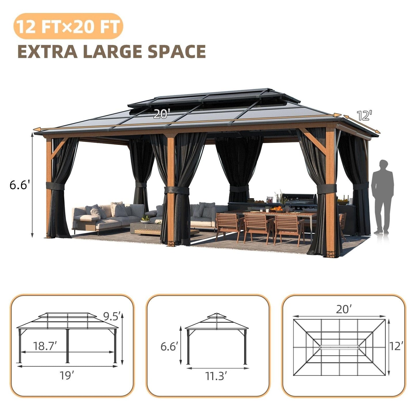 Gazebo rigide EROMMY, pergola d'extérieur avec double toit, moustiquaire et rideaux, auvent robuste pour terrasse, jardin, fête au bord de la piscine