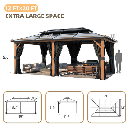 Gazebo rigide EROMMY, pergola d'extérieur avec double toit, moustiquaire et rideaux, auvent robuste pour terrasse, jardin, fête au bord de la piscine