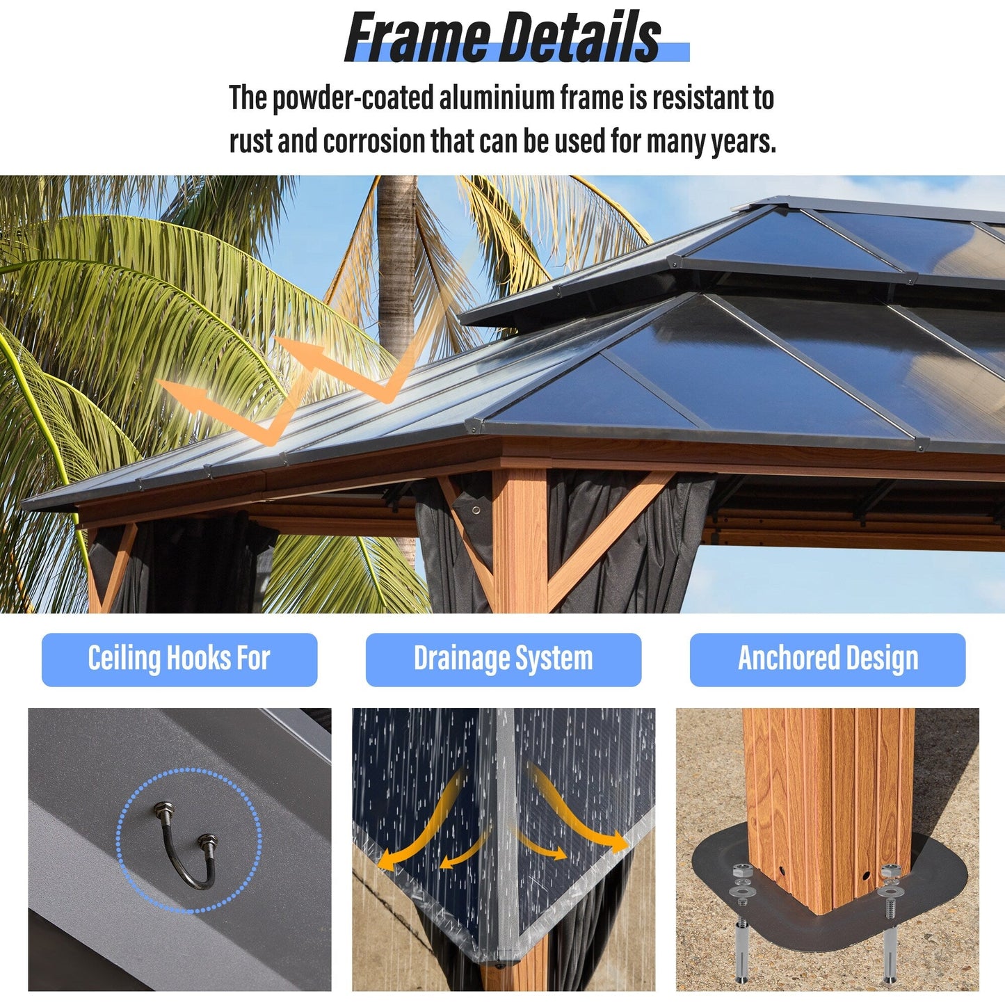 Gazebo rigide EROMMY, pergola d'extérieur avec double toit, moustiquaire et rideaux, auvent robuste pour terrasse, jardin, fête au bord de la piscine