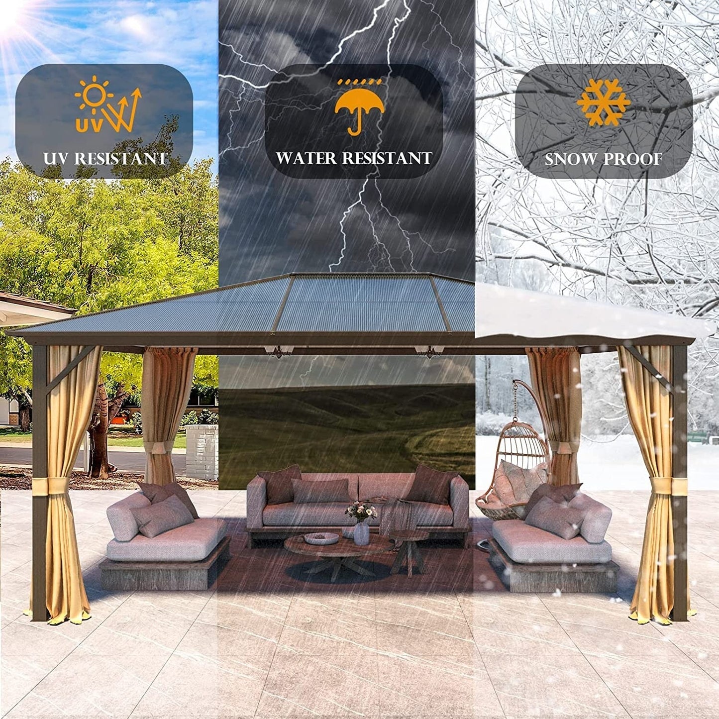 Gazebo rigide EROMMY, pergola d'extérieur avec double toit, moustiquaire et rideaux, auvent robuste pour terrasse, jardin, fête au bord de la piscine