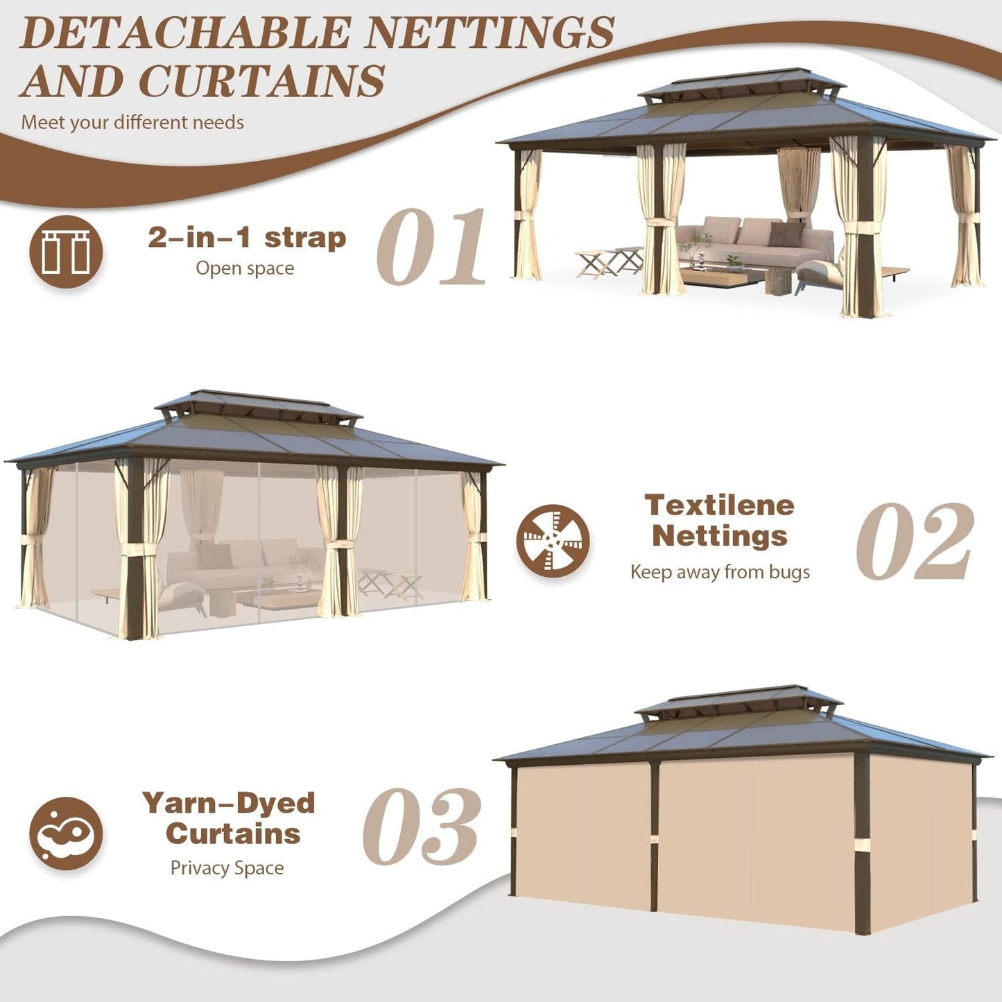 Gazebo rigide EROMMY, pergola d'extérieur avec double toit, moustiquaire et rideaux, auvent robuste pour terrasse, jardin, fête au bord de la piscine