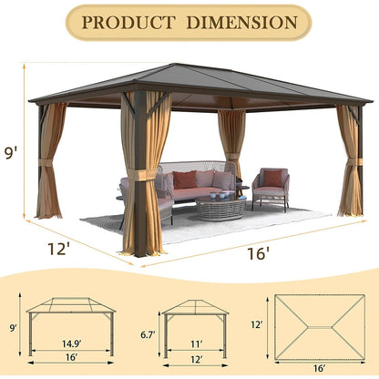 Gazebo rigide EROMMY, pergola d'extérieur avec double toit, moustiquaire et rideaux, auvent robuste pour terrasse, jardin, fête au bord de la piscine