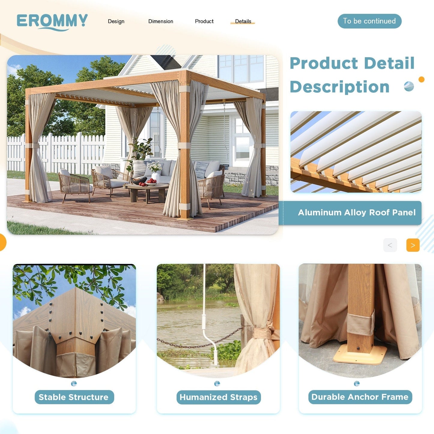 Pergola extérieure EROMMY avec toit en aluminium réglable et étanche à la pluie