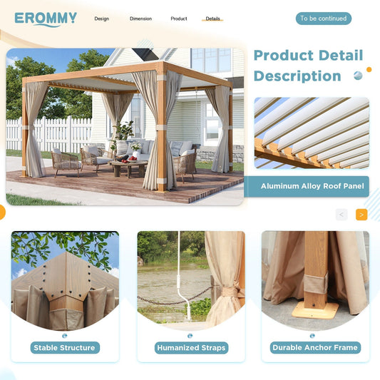 Pergola extérieure EROMMY avec toit en aluminium réglable et étanche à la pluie