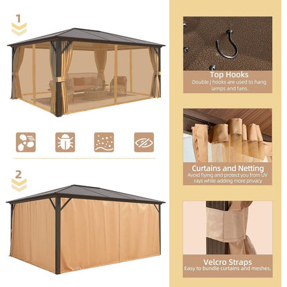 Gazebo rigide pour jardin – Pergola permanente avec moustiquaire, rideaux et double toit, abri extérieur toutes saisons