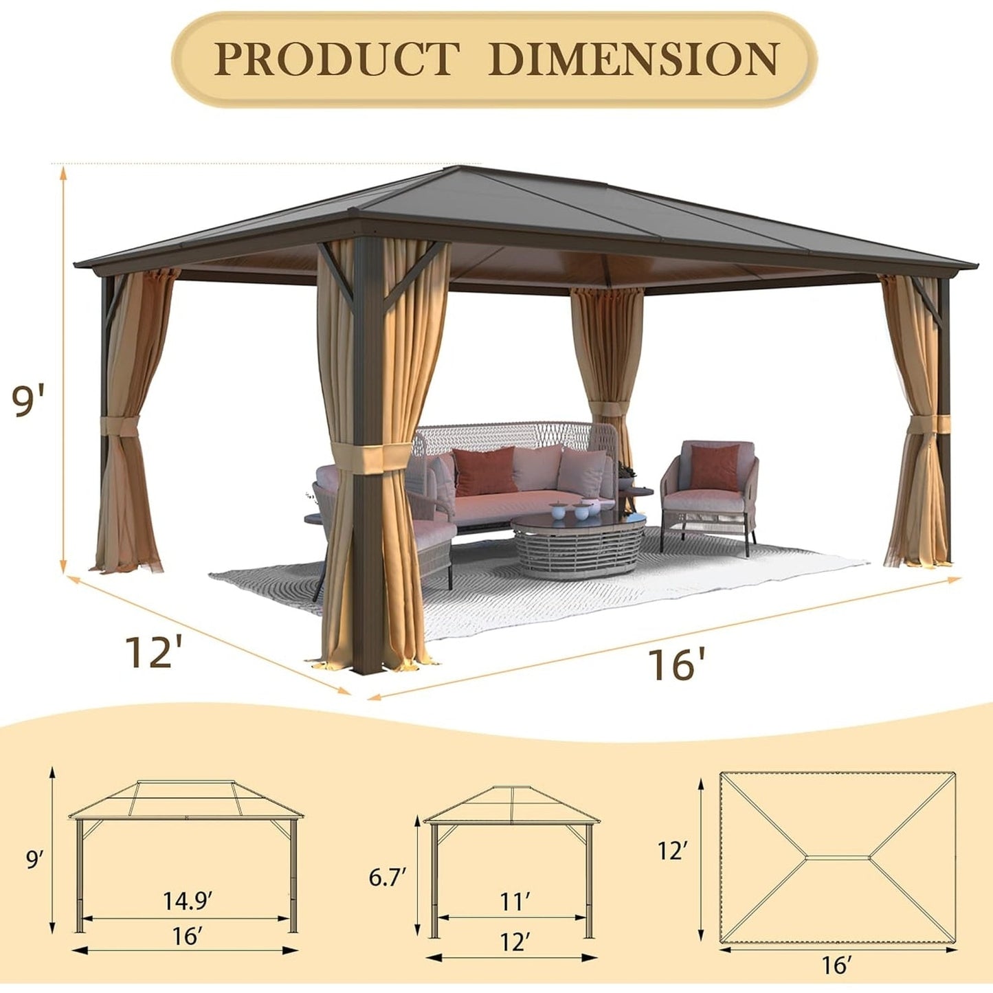 Gazebo rigide pour jardin – Pergola permanente avec moustiquaire, rideaux et double toit, abri extérieur toutes saisons