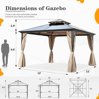 Gazebo rigide pour jardin – Pergola permanente avec moustiquaire, rideaux et double toit, abri extérieur toutes saisons