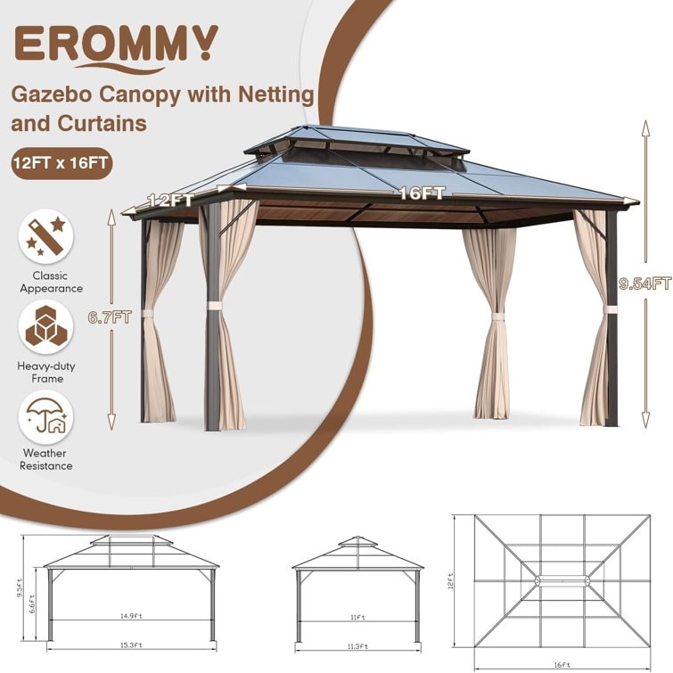Gazebo rigide pour jardin – Pergola permanente avec moustiquaire, rideaux et double toit, abri extérieur toutes saisons
