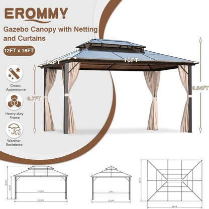 Gazebo rigide pour jardin – Pergola permanente avec moustiquaire, rideaux et double toit, abri extérieur toutes saisons