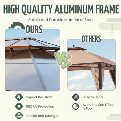 Gazebo rigide pour jardin – Pergola permanente avec moustiquaire, rideaux et double toit, abri extérieur toutes saisons