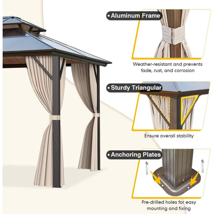 Gazebo rigide pour jardin – Pergola permanente avec moustiquaire, rideaux et double toit, abri extérieur toutes saisons