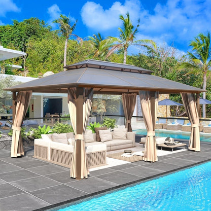 Gazebo rigide pour jardin – Pergola permanente avec moustiquaire, rideaux et double toit, abri extérieur toutes saisons