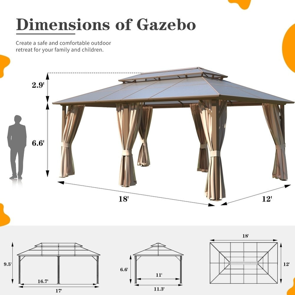 Gazebo rigide pour jardin – Pergola permanente avec moustiquaire, rideaux et double toit, abri extérieur toutes saisons