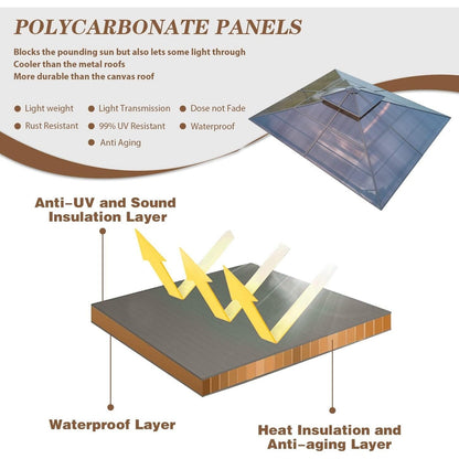 Gazebo rigide pour jardin – Pergola permanente avec moustiquaire, rideaux et double toit, abri extérieur toutes saisons